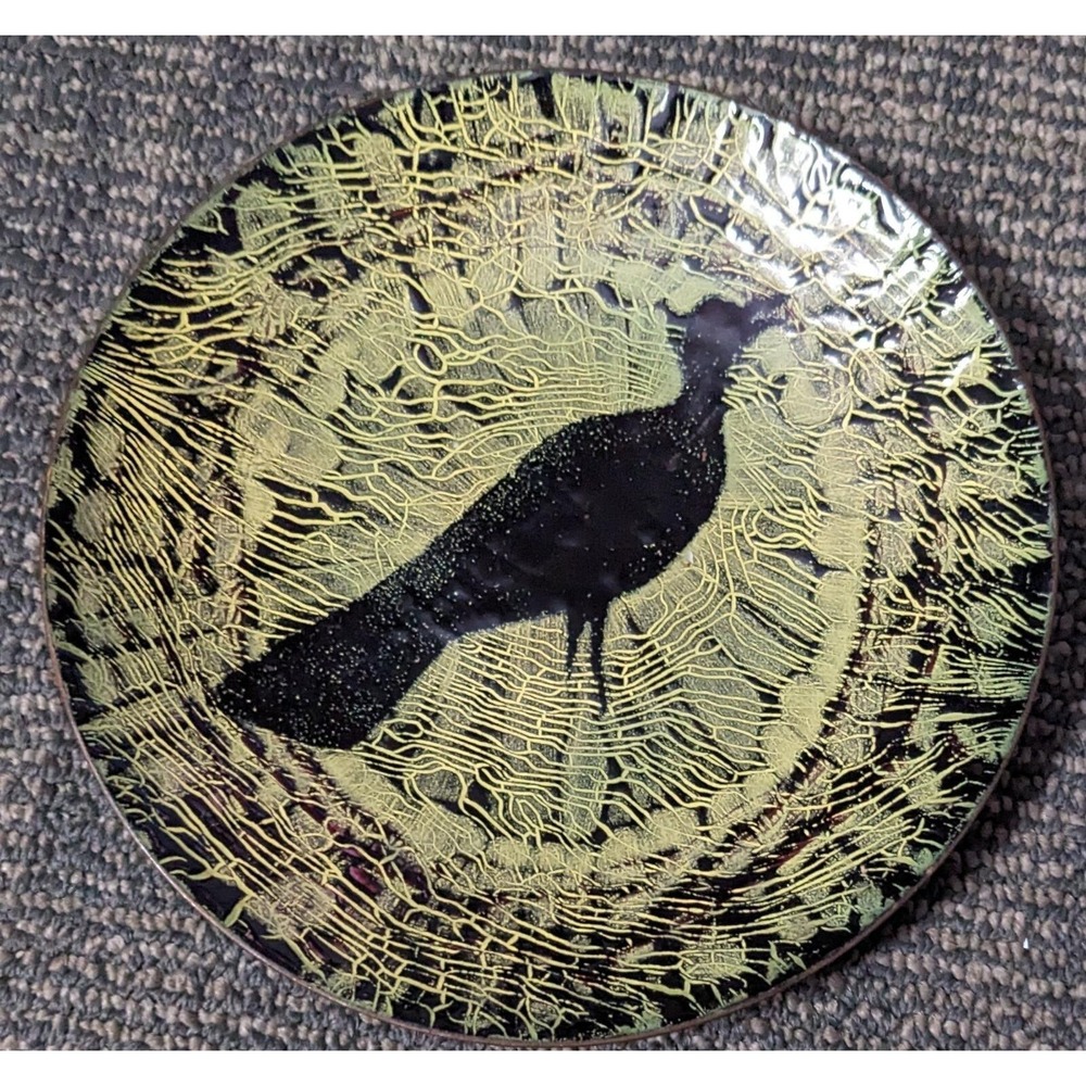 Enamel Painted Plate Black Bird Yellow 6" Crow Gray Back Raven Spooky Metal Art